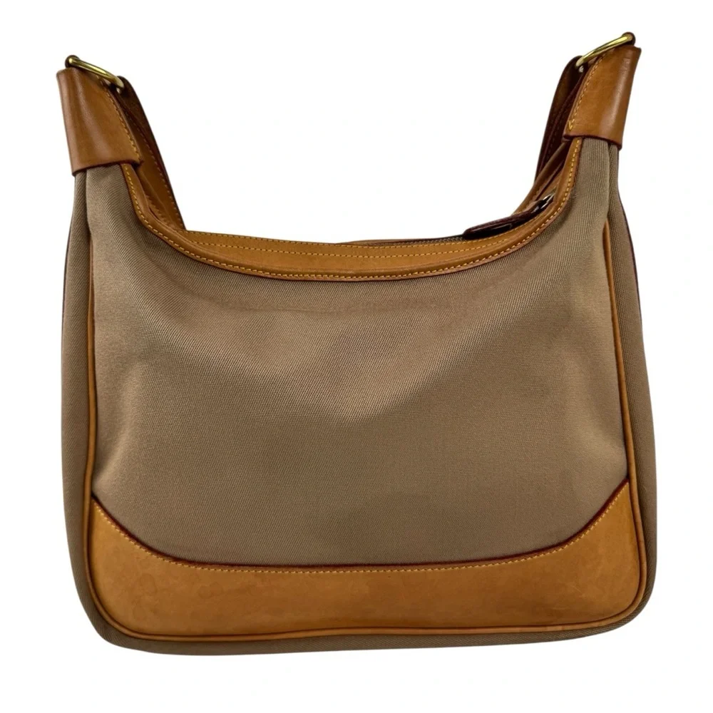 VTG Dooney & Bourke Canvas & Leather Hobo Large Crossbody Bag Tan Brown